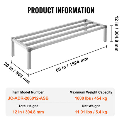 Aluminum Dunnage Rack, 60” x 20” Commercial Food Floor Rack, 12” Off the Floor, 1000 lbs Capacity All-Welded Aluminum Storage Rack, for Storage in Restaurants, Kitchens, Garages and Vehicles
