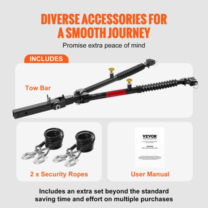 Tow Bar, 10000 lbs Towing Capacity with Ropes, Powder-Coating Alloy Steel Bumper-Mounted Universal Towing Bar with Max 52 inches Telescopic Rod, Fits 2-inch Connector, for RV Car Trailer Truck