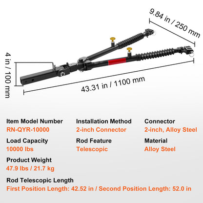 Tow Bar, 10000 lbs Towing Capacity with Ropes, Powder-Coating Alloy Steel Bumper-Mounted Universal Towing Bar with Max 52 inches Telescopic Rod, Fits 2-inch Connector, for RV Car Trailer Truck