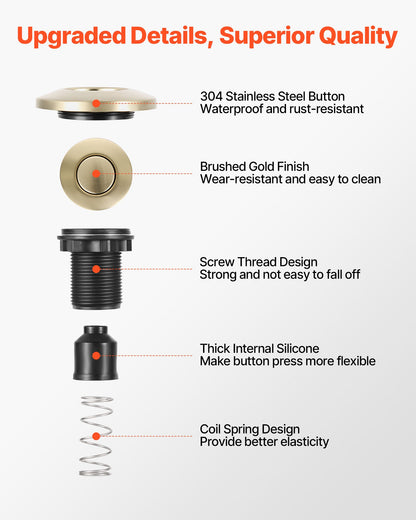 Garbage Disposal Air Switch Kit, 2.5" Sink Top Air Switch for Food Waste Disposal, Brushed Gold Stainless Steel ON/OFF Air Button for Waste Disposer - Suitable for Stainless Steel Countertops