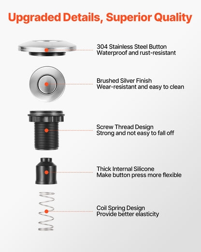 Garbage Disposal Air Switch Kit, 2.5" Sink Top Air Switch for Food Waste Disposal, Brushed Silver Stainless Steel ON/OFF Air Button for Waste Disposer - Suitable for Stainless Steel Countertops