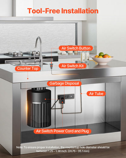 Garbage Disposal Air Switch Kit, 2.5" Sink Top Air Switch for Food Waste Disposal, Brushed Silver Stainless Steel ON/OFF Air Button for Waste Disposer - Suitable for Stainless Steel Countertops