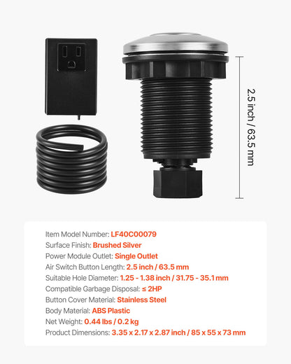 Garbage Disposal Air Switch Kit, 2.5" Sink Top Air Switch for Food Waste Disposal, Brushed Silver Stainless Steel ON/OFF Air Button for Waste Disposer - Suitable for Stainless Steel Countertops