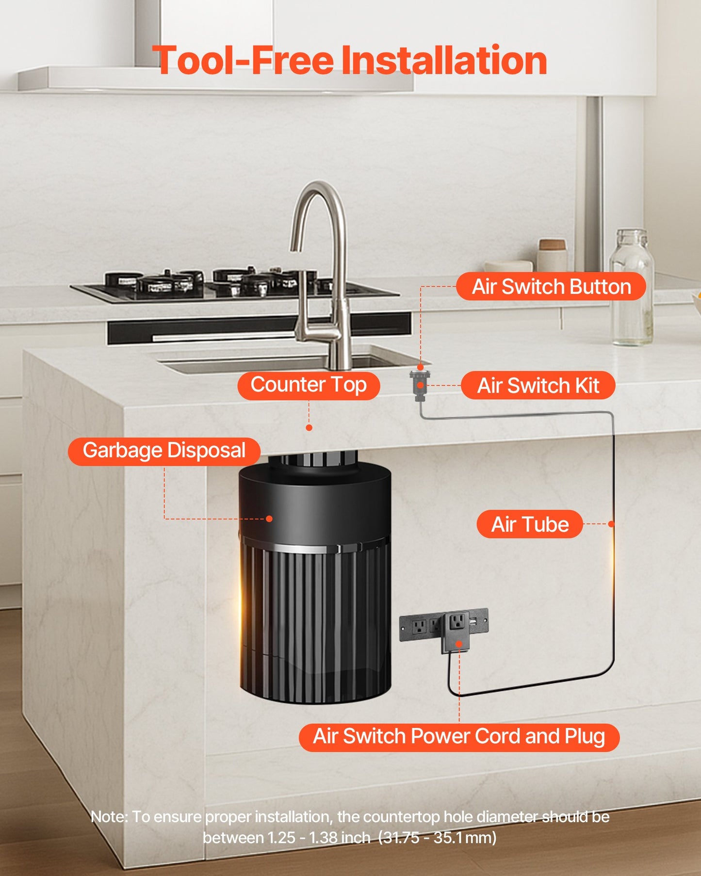 Garbage Disposal Air Switch Kit, 3.5" Long Sink Top Air Switch for Food Waste Disposal, Brushed Silver Stainless Steel ON/OFF Air Push Button for Granite, Marble, and Quartz Countertops