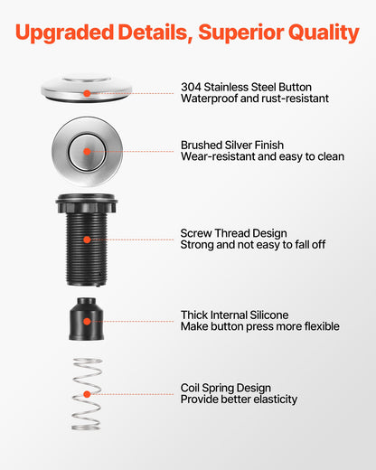 Garbage Disposal Air Switch Kit, Dual Outlet Sink Top Air Switch for Food Waste Disposal, 3.5-inch Long Brushed Silver Stainless Steel ON/OFF Air Button for Granite, Marble, Quartz Countertops