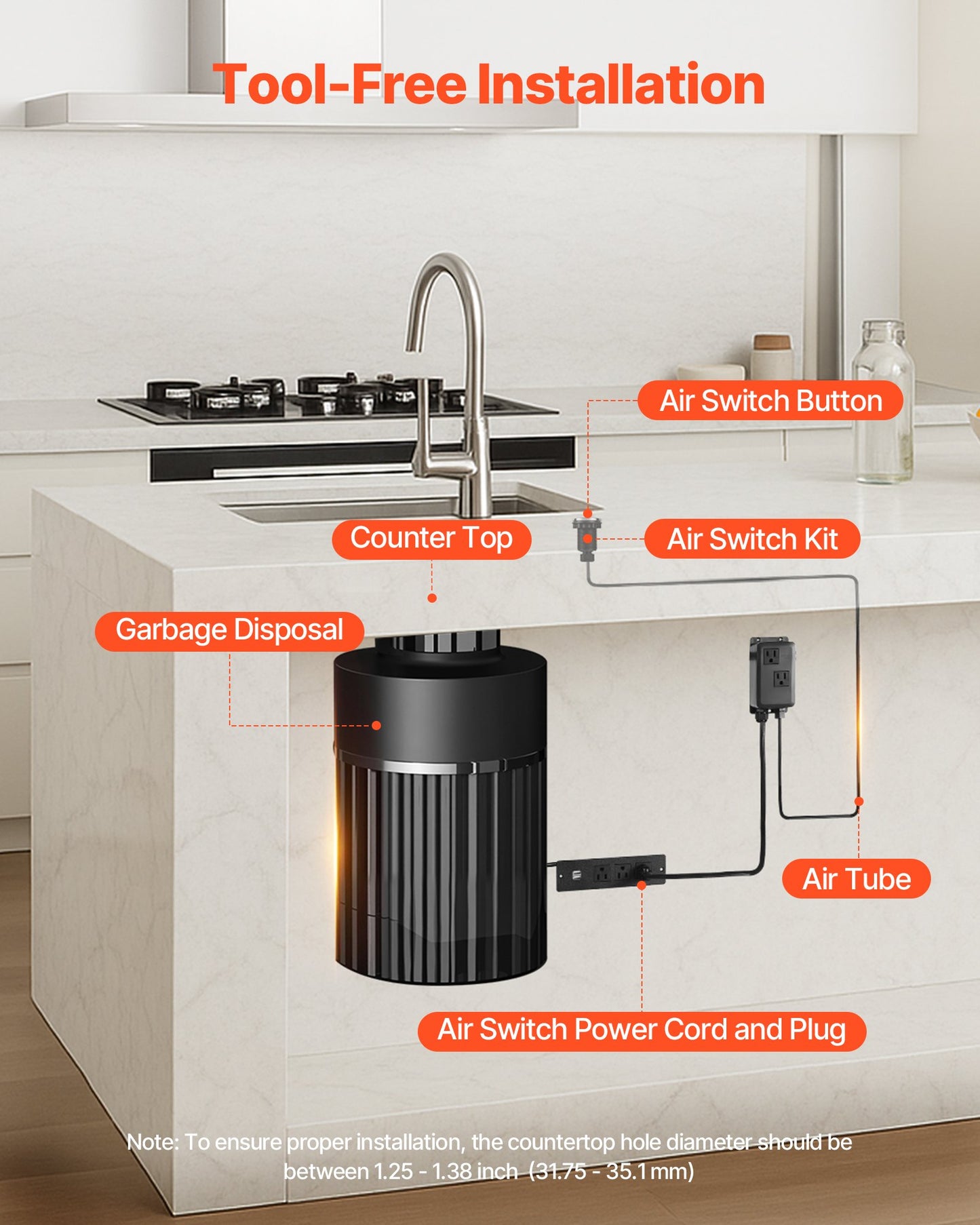 Garbage Disposal Air Switch Kit, Dual Outlet Sink Top Air Switch for Food Waste Disposal, 3.5-inch Long Brushed Silver Stainless Steel ON/OFF Air Button for Granite, Marble, Quartz Countertops