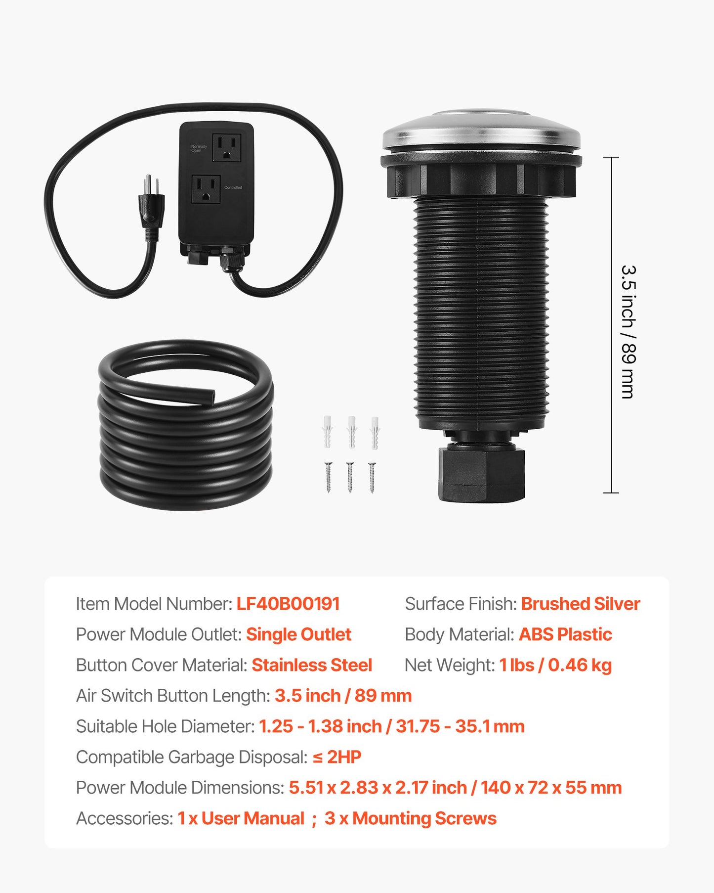 Garbage Disposal Air Switch Kit, Dual Outlet Sink Top Air Switch for Food Waste Disposal, 3.5-inch Long Brushed Silver Stainless Steel ON/OFF Air Button for Granite, Marble, Quartz Countertops