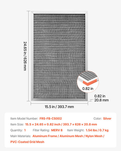 Electrostatic Air Filter, 16x25x1 inch Washable & Reusable Aluminum AC/HVAC Furnace Filter, MERV 8 Long Lifetime,Home or Office (Actual Size: 15.5 x 24.65 x 0.82 in)