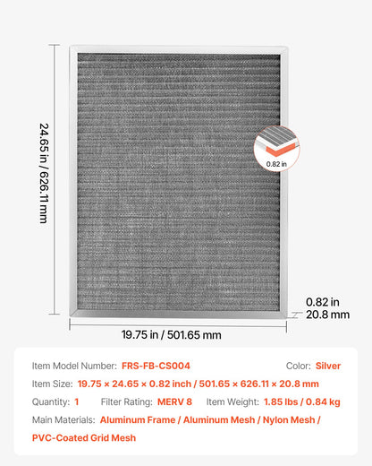 Electrostatic Air Filter, 20x25x1 inch Washable & Reusable Aluminum AC/HVAC Furnace Filter, MERV 8 Long Lifetime, Home or Office (Actual Size: 19.75 x 24.65 x 0.82 in)