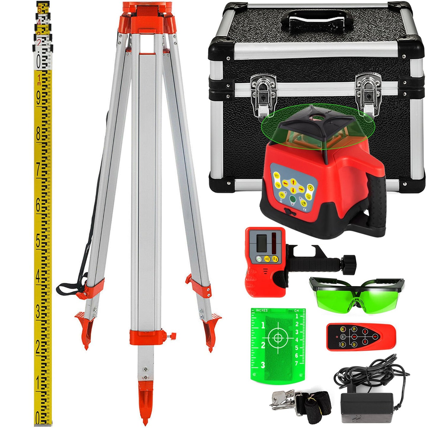 Green Rotary Laser Level Kit med justerbart stativ och 5M stav, 500M räckvidd, 360 graders roterande skanning, självnivellerande lasernivåsystemsats, för byggprojektion