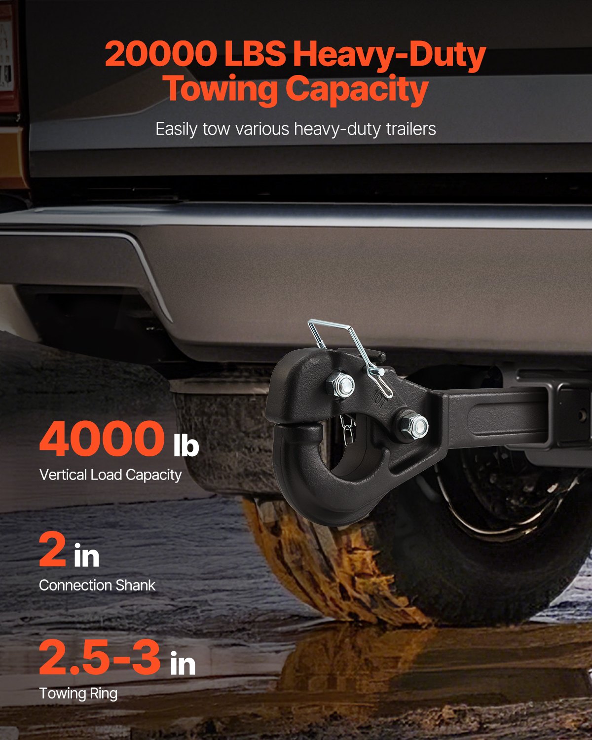 Bolzenkupplung, 2 Zoll, Empfängerhaken, 2,5-3 Zoll, Lünettenring, 20000 lbs
