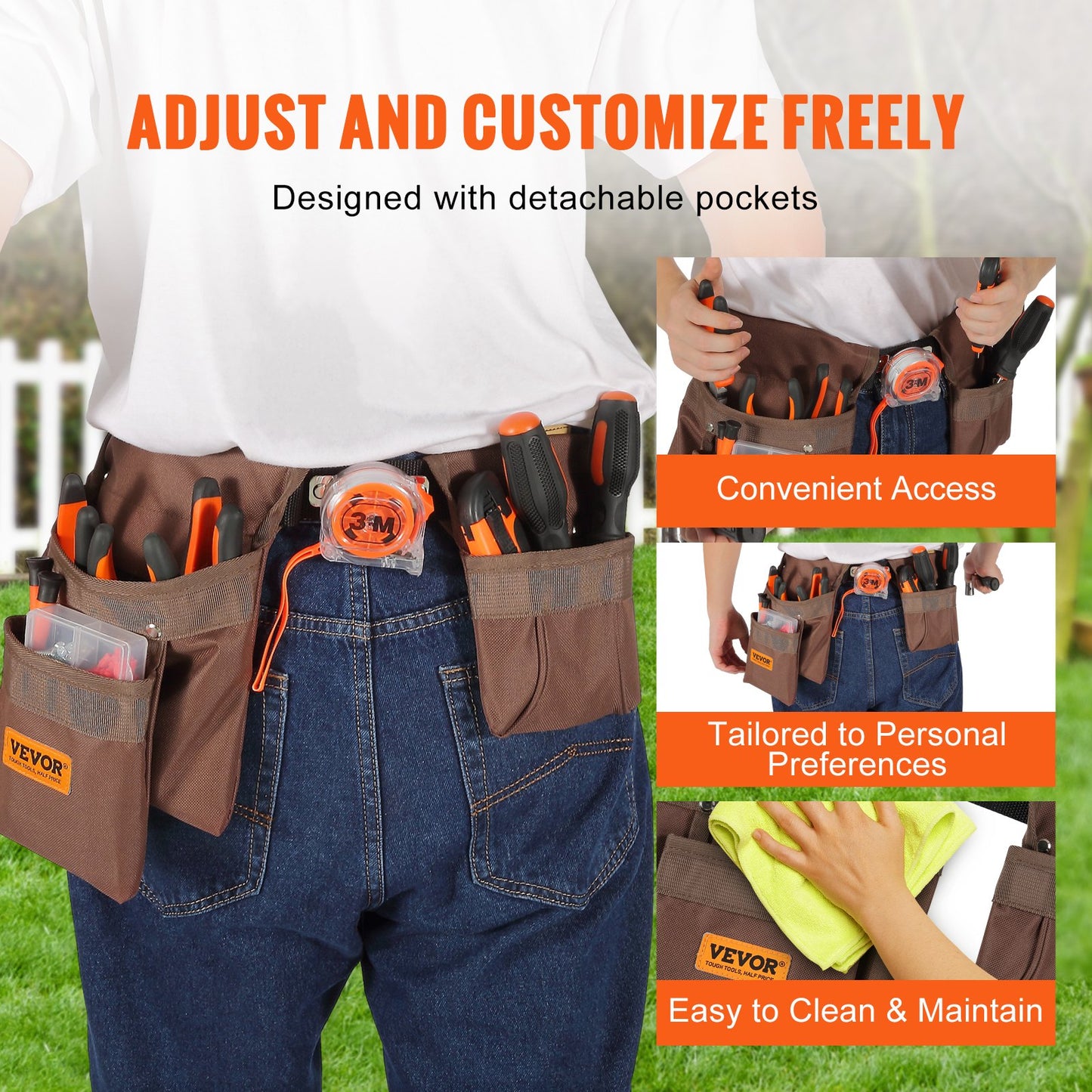 Tool Belt, Adjusts from 29 Inches to 54 Inches, Polyester Heavy Duty Tool Pouch Bag, Detachable Tool Bag for Electrician, Carpenter, Handyman, Woodworker, Construction, Framer, Brown