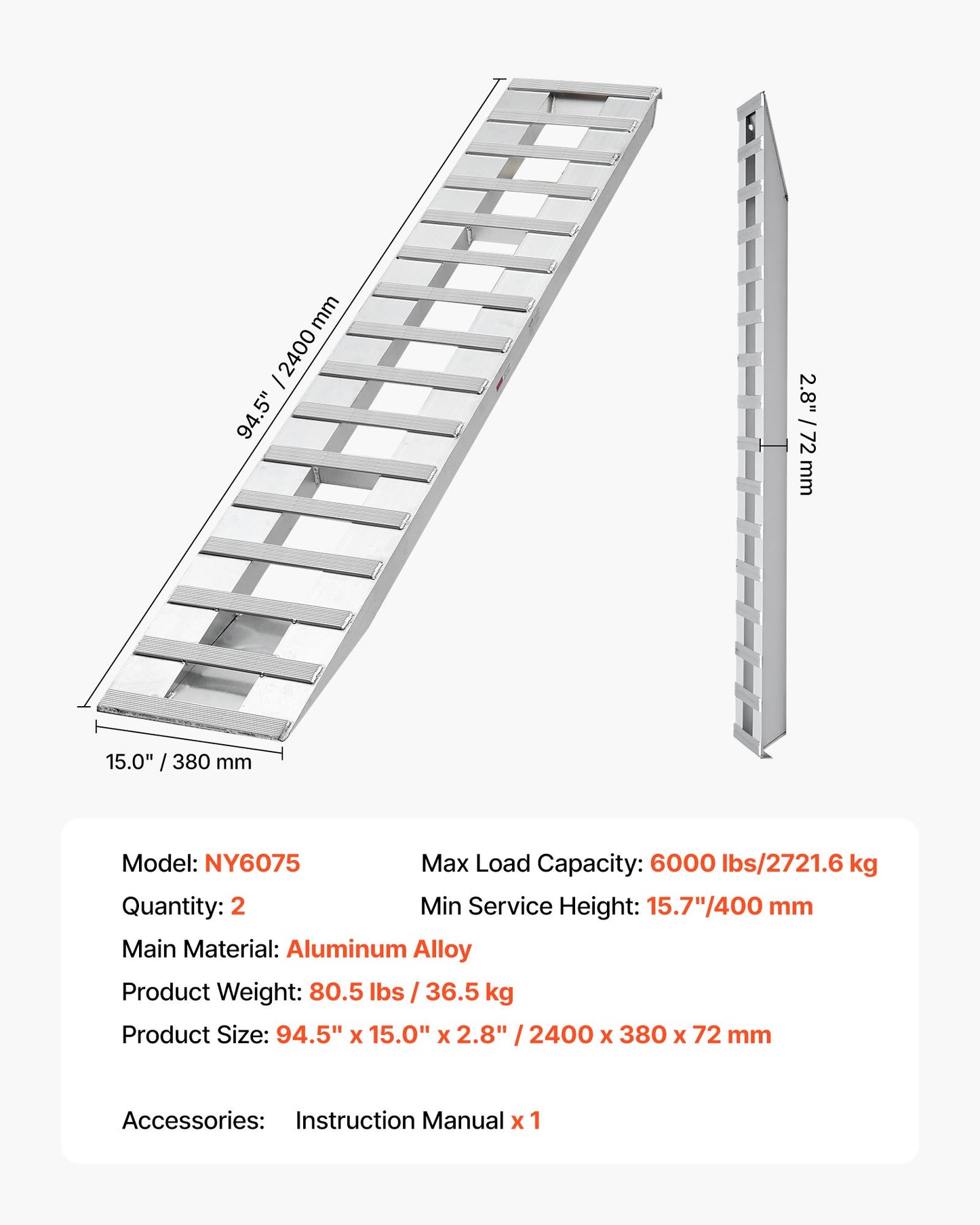 Loading Ramps, 2 Pcs 94 x 15 in, Durable Aluminum and Heavy-Duty Trailer Ramp Set with 16 Anti-Slip Plates, 6000 Lbs Combined Capacity, for Carts, Farm Tractors, ATVs, Lawn Mowers, Motorcycles