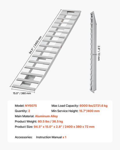 Loading Ramps, 2 Pcs 94 x 15 in, Durable Aluminum and Heavy-Duty Trailer Ramp Set with 16 Anti-Slip Plates, 6000 Lbs Combined Capacity, for Carts, Farm Tractors, ATVs, Lawn Mowers, Motorcycles