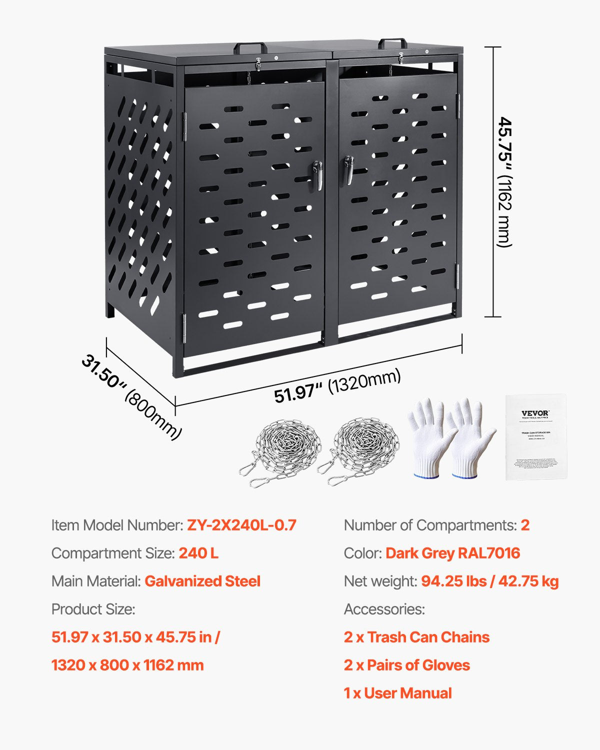 Soptunna förvaring soptunna förvaringsskjul 2 x 52,79 gal med kedjelock
