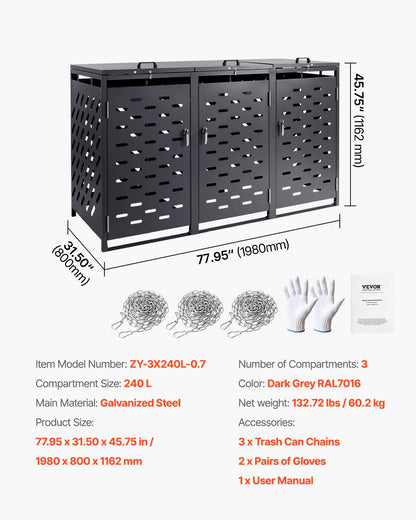 Soptunna förvaring soptunna förvaringsbod 3 x 52,79 gal med kedjelock