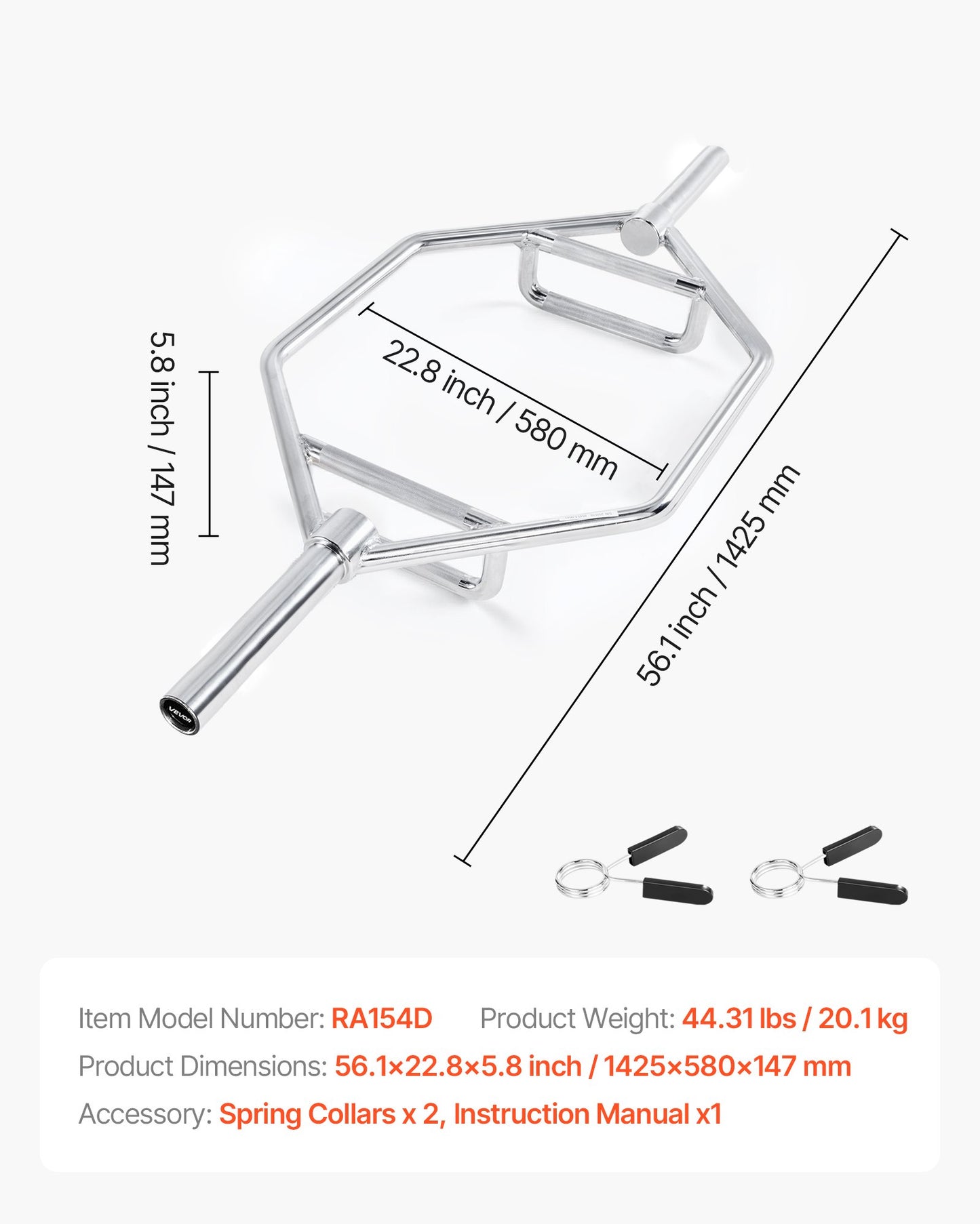 Trap Bar Hex Bar, 2-Inch Hex Barbell, 800 LBS Capacity Shrug Bars with Knurled Grips, Weightlifting and Strength Training Equipment, Home Gym for Squats, Deadlifts, Shoulder Presses, Silver