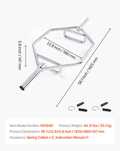 Trap Bar Hex Bar, 2-Inch Hex Barbell, 800 LBS Capacity Shrug Bars with Knurled Grips, Weightlifting and Strength Training Equipment, Home Gym for Squats, Deadlifts, Shoulder Presses, Silver