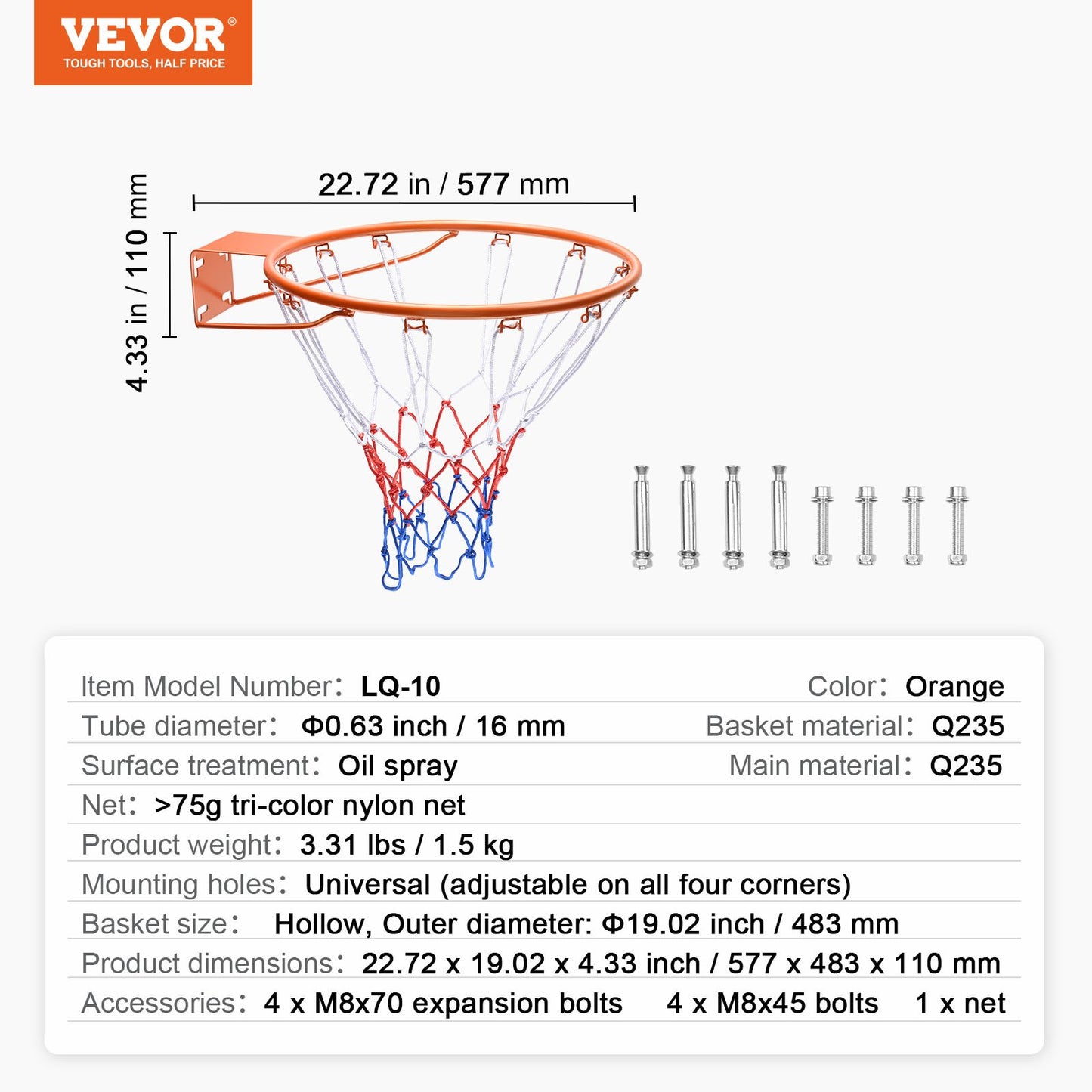 Basketballkorb, Wand-/Türmontage, robuster Q235-Korb, Ersatz für flexiblen Korb mit Netz, standardmäßiger 45,7 cm großer hängender Basketballkorb für drinnen und draußen, für Kinder und Erwachsene