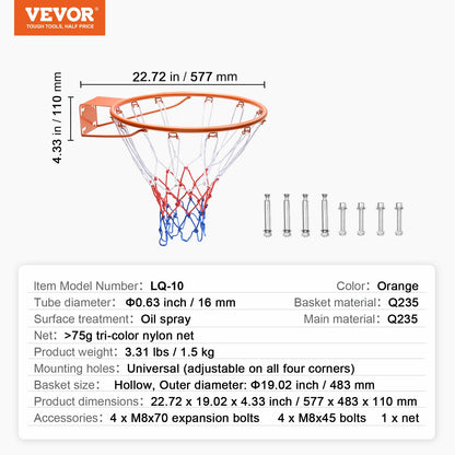 Basketballkorb, Wand-/Türmontage, robuster Q235-Korb, Ersatz für flexiblen Korb mit Netz, standardmäßiger 45,7 cm großer hängender Basketballkorb für drinnen und draußen, für Kinder und Erwachsene