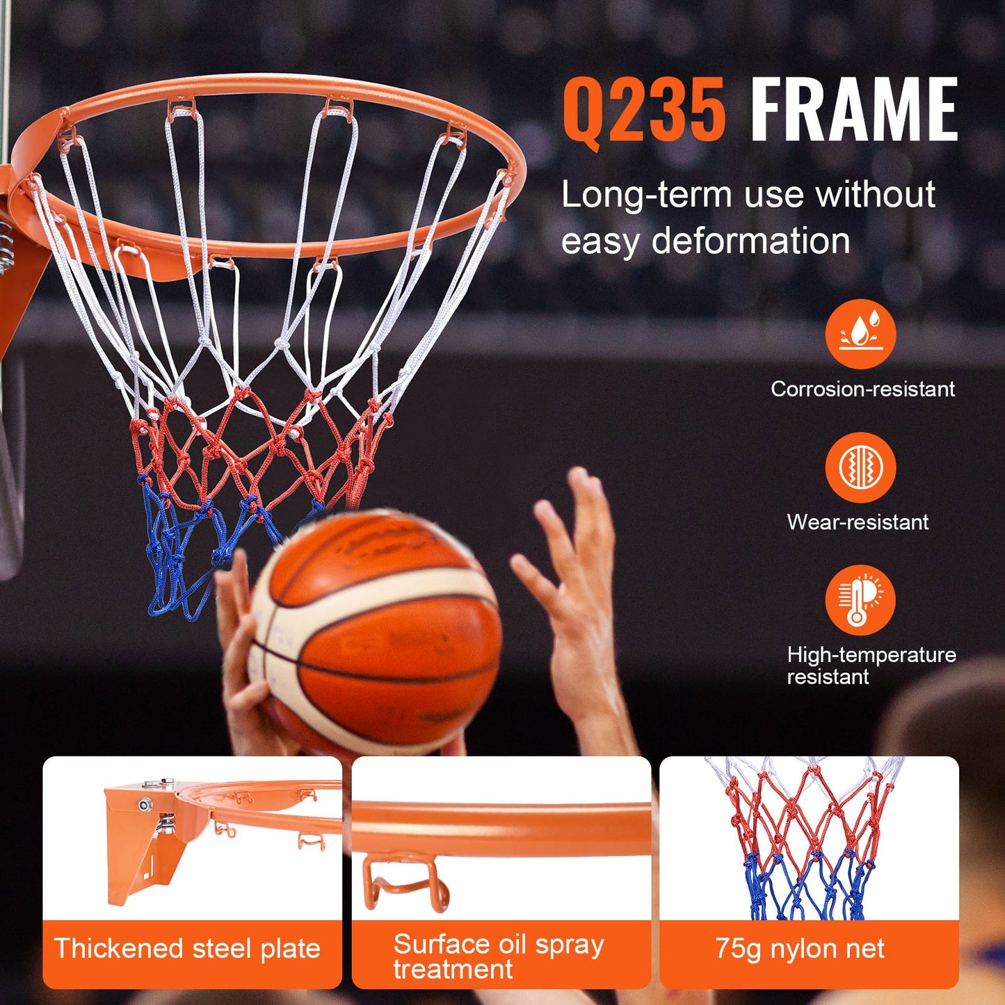 Basketball Rim, Wall Door Mounted Basketball Hoop, Heavy Duty Q235 Basketball Flex Rim Goal Replacement with Net, Standard 18" Indoor and Outdoor Hanging Basketball Hoop for Kids Adults