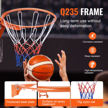 Basketball Rim, Wall Door Mounted Basketball Hoop, Heavy Duty Q235 Basketball Flex Rim Goal Replacement with Net, Standard 18" Indoor and Outdoor Hanging Basketball Hoop for Kids Adults