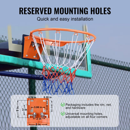Basketball Rim, Wall Door Mounted Basketball Hoop, Heavy Duty Q235 Basketball Flex Rim Goal Replacement with Net, Standard 18" Indoor and Outdoor Hanging Basketball Hoop for Kids Adults