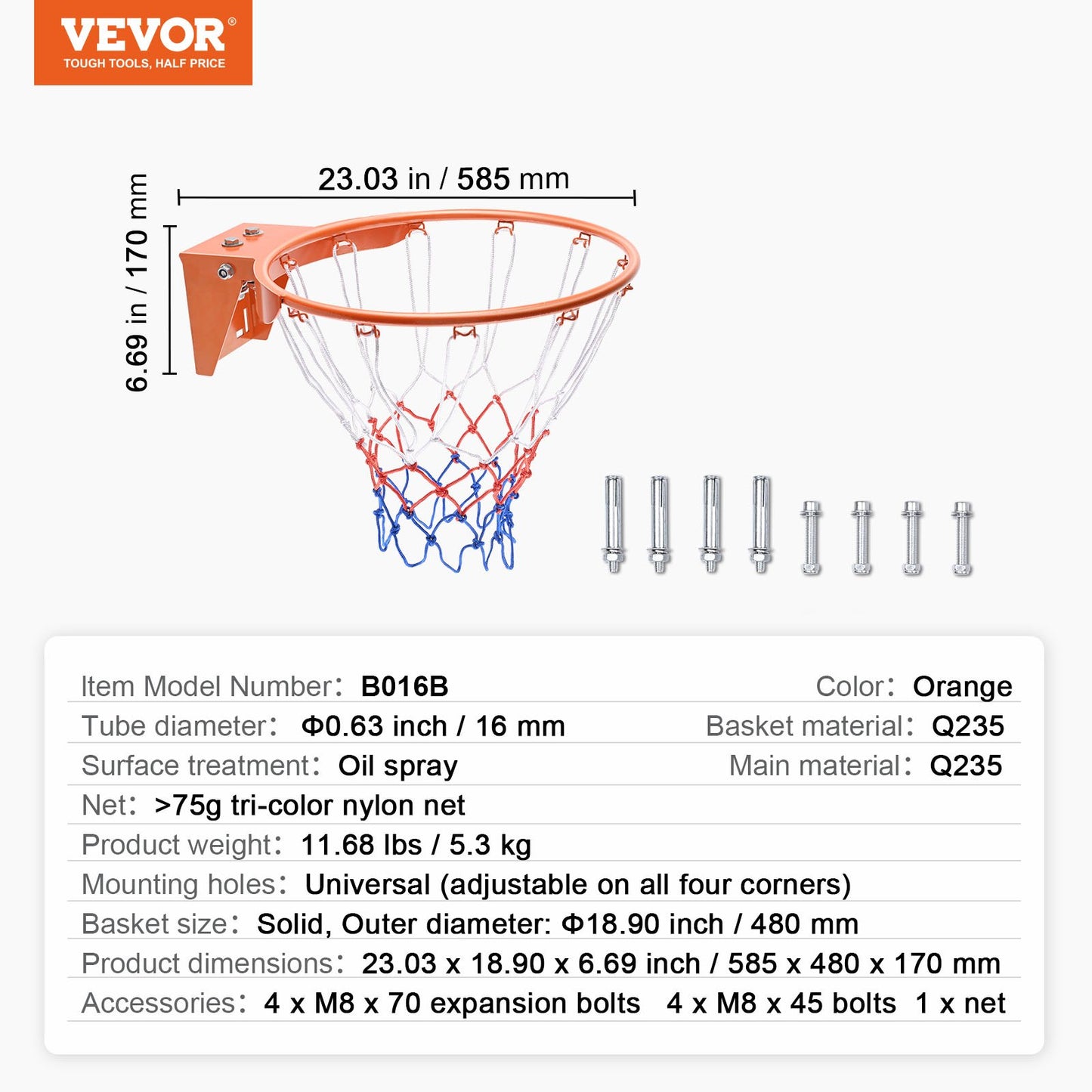 Basketball Rim, Wall Door Mounted Basketball Hoop, Heavy Duty Q235 Basketball Flex Rim Goal Replacement with Net, Standard 18" Indoor and Outdoor Hanging Basketball Hoop for Kids Adults