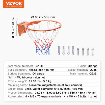 Basketball Rim, Wall Door Mounted Basketball Hoop, Heavy Duty Q235 Basketball Flex Rim Goal Replacement with Net, Standard 18" Indoor and Outdoor Hanging Basketball Hoop for Kids Adults