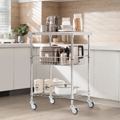 Kitchen Utility Cart, 3 Tiers, Wire Rolling Cart with 470LBS Capacity, Steel Service Cart on Wheels, Metal Storage Trolley with 76mm Basket Curved Handle PP Liner 6 Hooks, for Indoor and Outdoor