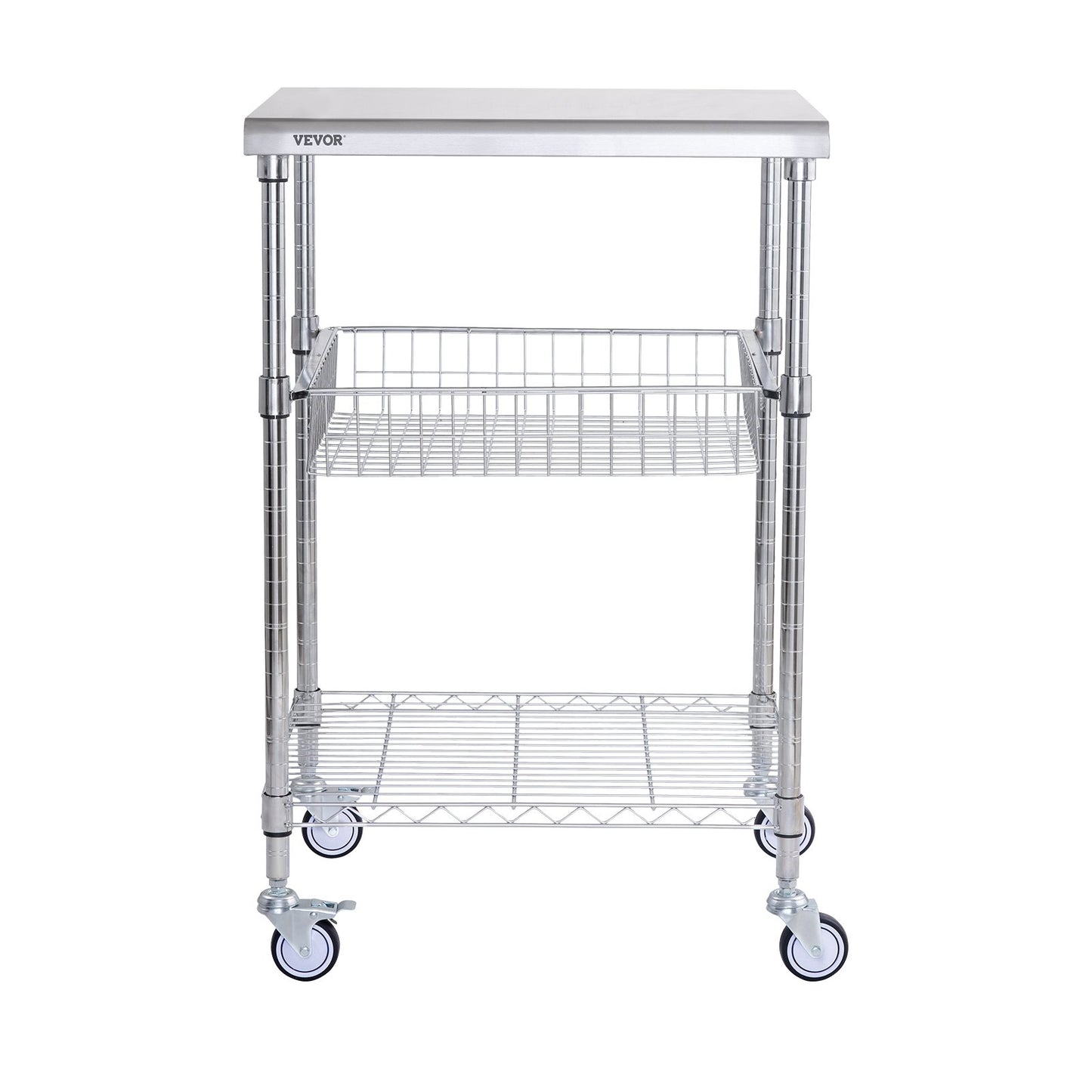 Kitchen Utility Cart, 3 Tiers, Wire Rolling Cart with 470LBS Capacity, Steel Service Cart on Wheels, Metal Storage Trolley with 76mm Basket Curved Handle PP Liner 6 Hooks, for Indoor and Outdoor