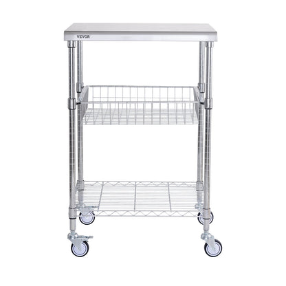 Kitchen Utility Cart, 3 Tiers, Wire Rolling Cart with 470LBS Capacity, Steel Service Cart on Wheels, Metal Storage Trolley with 76mm Basket Curved Handle PP Liner 6 Hooks, for Indoor and Outdoor