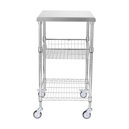 Kitchen Utility Cart, 3 Tiers, Wire Rolling Cart with 470LBS Capacity, Steel Service Cart on Wheels, Metal Storage Trolley with 76mm Basket Curved Handle PP Liner 6 Hooks, for Indoor and Outdoor