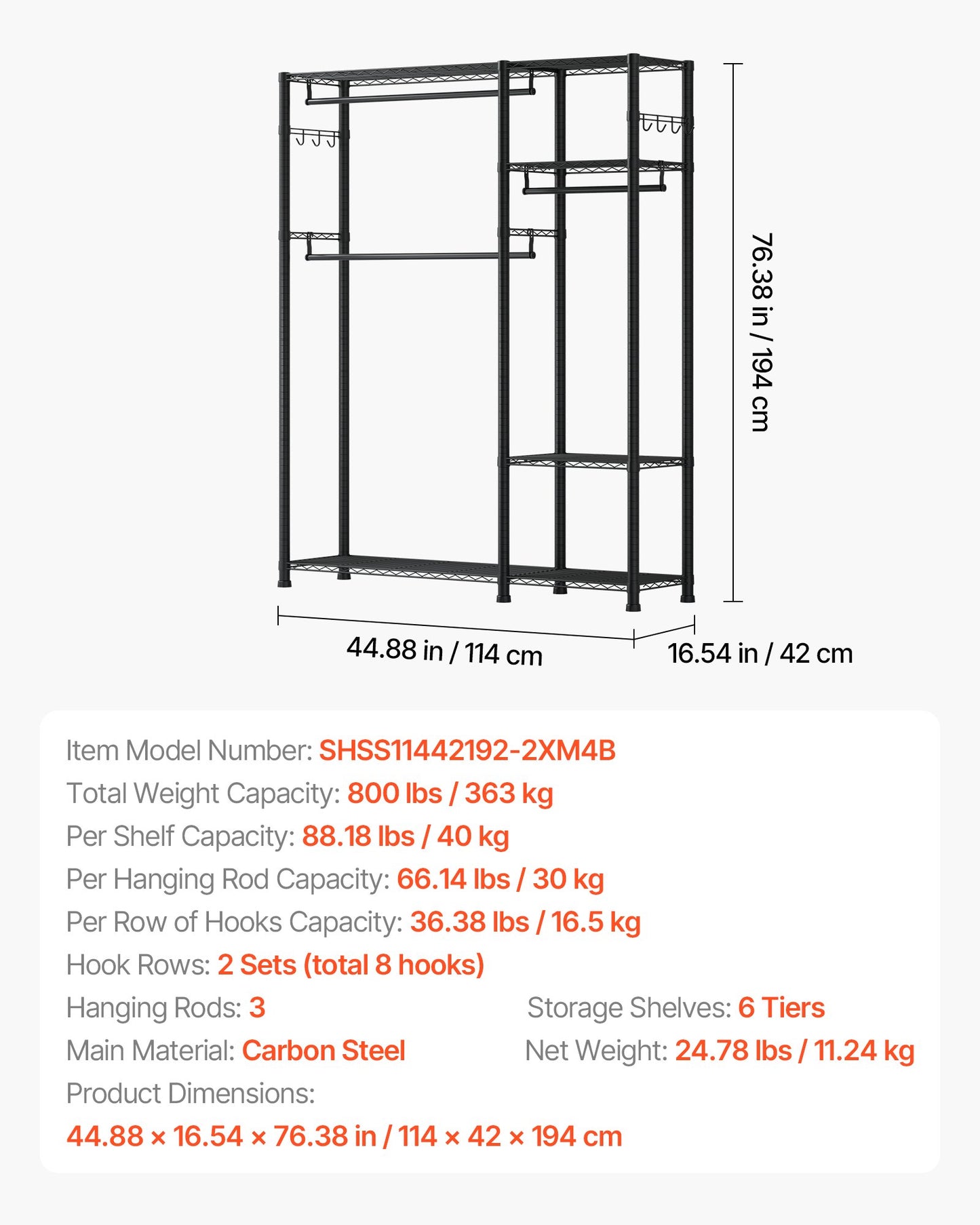 Clothing Garment Rack, Heavy Duty Clothes Rack, 6 Adjustable Tiers Clothes Racks with Steel Frame, 800 lbs Load Capacity Closet Wardrobe with 3 Hanging Rods for Bedroom, Clothing Store, Hallway