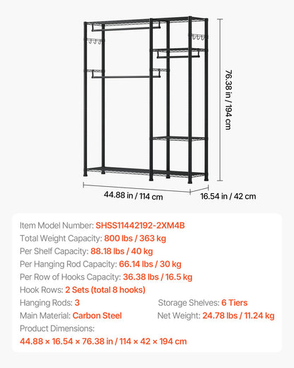 Clothing Garment Rack, Heavy Duty Clothes Rack, 6 Adjustable Tiers Clothes Racks with Steel Frame, 800 lbs Load Capacity Closet Wardrobe with 3 Hanging Rods for Bedroom, Clothing Store, Hallway
