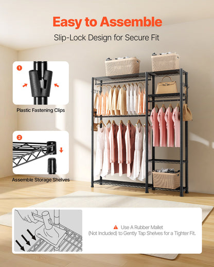 Clothing Garment Rack, Heavy Duty Clothes Rack, 6 Adjustable Tiers Clothes Racks with Steel Frame, 800 lbs Load Capacity Closet Wardrobe with 3 Hanging Rods for Bedroom, Clothing Store, Hallway