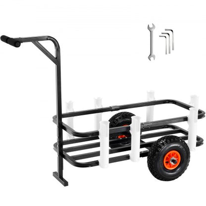 Beach Fishing Cart, 200 lbs Load Capacity, Fish and Marine Cart with Two 11" Big Wheels Rubber Balloon Tires for Sand, Heavy-Duty Steel Pier Wagon Trolley with 7 Rod Holders for Fishing, Picnic