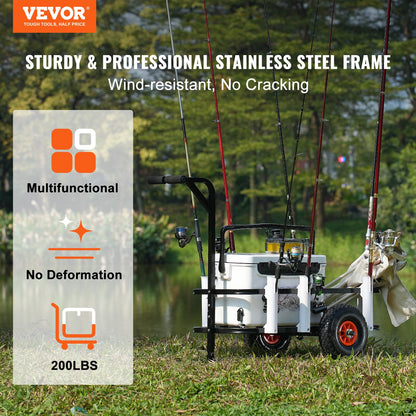 Strand-Angelwagen, 200 lbs Tragkraft, Fisch- und Meereswagen mit zwei 11-Zoll-Großrädern, Gummi-Ballonreifen für Sand, robuster Pierwagen aus Stahl mit 7 Rutenhaltern zum Angeln, Picknick