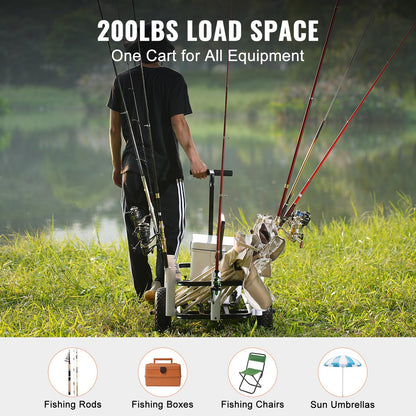 Strand-Angelwagen, 200 lbs Tragkraft, Fisch- und Meereswagen mit zwei 11-Zoll-Großrädern, Gummi-Ballonreifen für Sand, robuster Pierwagen aus Stahl mit 7 Rutenhaltern zum Angeln, Picknick