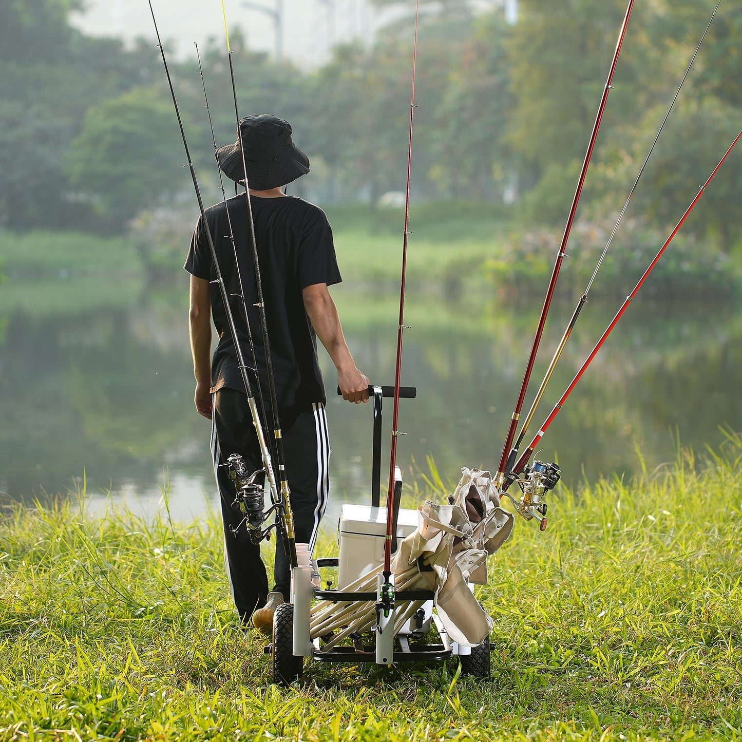 Beach Fishing Cart, 200 lbs Load Capacity, Fish and Marine Cart with Two 11" Big Wheels Rubber Balloon Tires for Sand, Heavy-Duty Steel Pier Wagon Trolley with 7 Rod Holders for Fishing, Picnic
