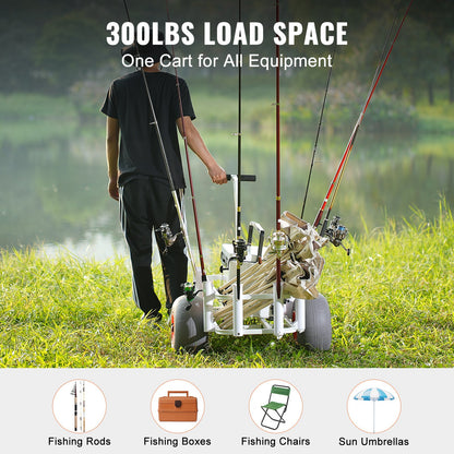 Beach Fishing Cart, 300 lbs Load Capacity, Fishing and Marine Cart with Two 13-Inch Large Wheels PU Balloon Tires for Sand, Heavy Duty Aluminum Dock Cart with 8 Rod Holders for Fishing, Picnic