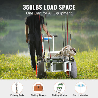 Beach Fishing Cart, 350 lbs Load Capacity, Fish and Marine Cart with Two 16" Big Wheels PU Balloon Tires for Sand, Heavy-Duty Aluminum Pier Wagon Trolley with 8 Rod Holders for Fishing, Picnic