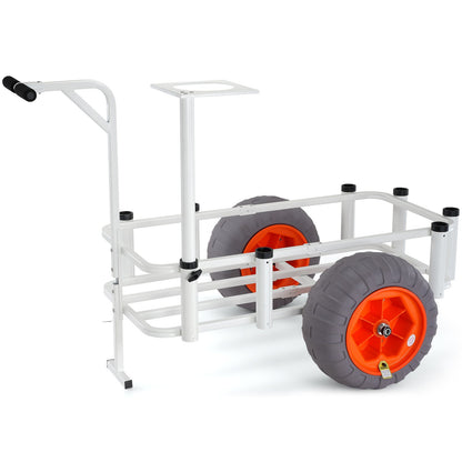 Beach Fishing Cart, 350 lbs Load Capacity, Fish and Marine Cart with Two 16" Big Wheels PU Balloon Tires for Sand, Heavy-Duty Aluminum Pier Wagon Trolley with 8 Rod Holders for Fishing, Picnic