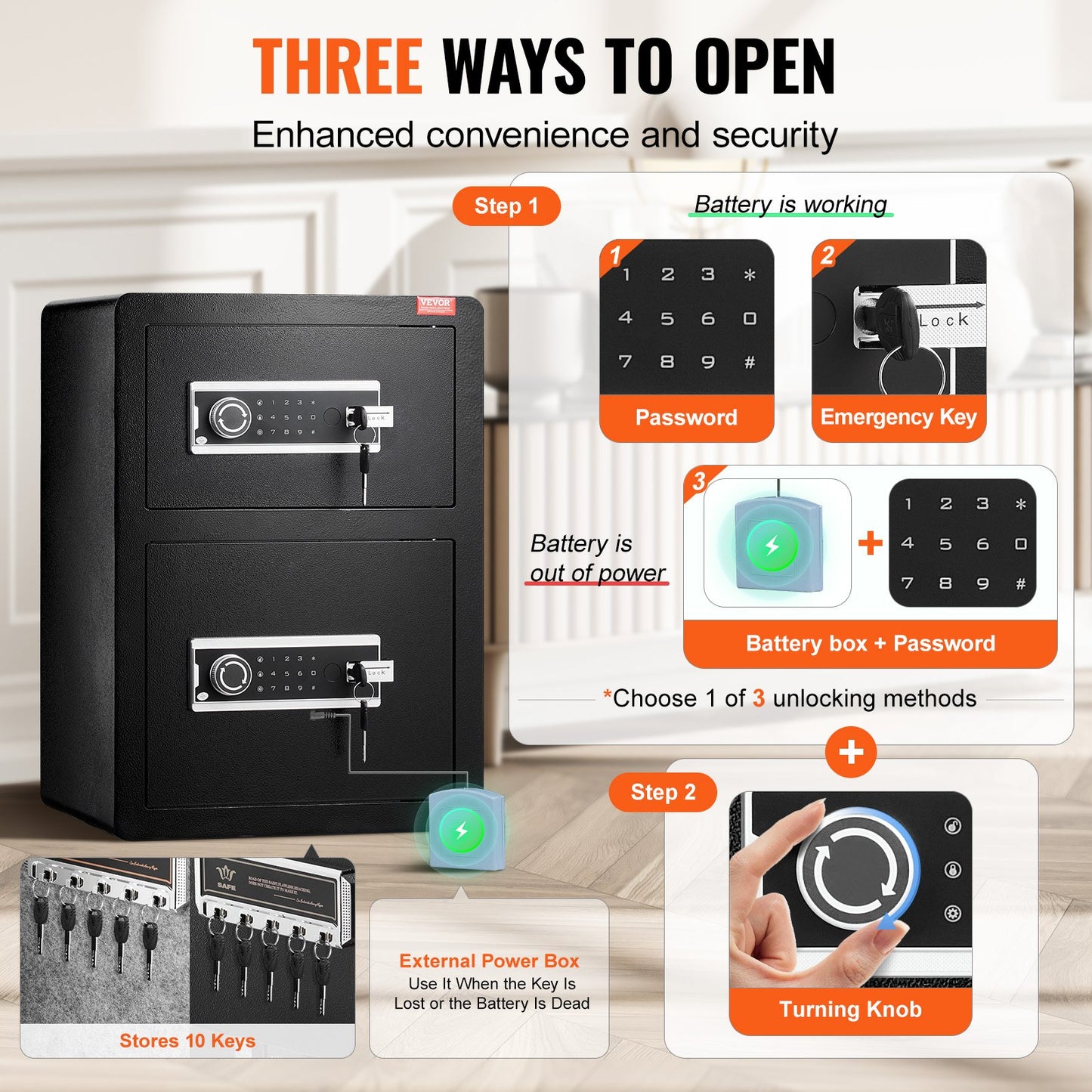 Double Door 3.5 cu.ft Security Box with Key Lock Password Fireproof Case Black