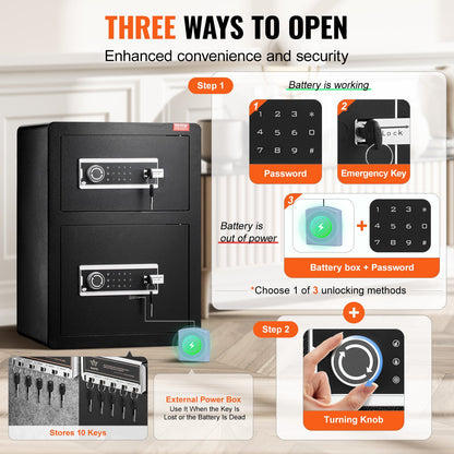 Double Door 3.5 cu.ft Security Box with Key Lock Password Fireproof Case Black