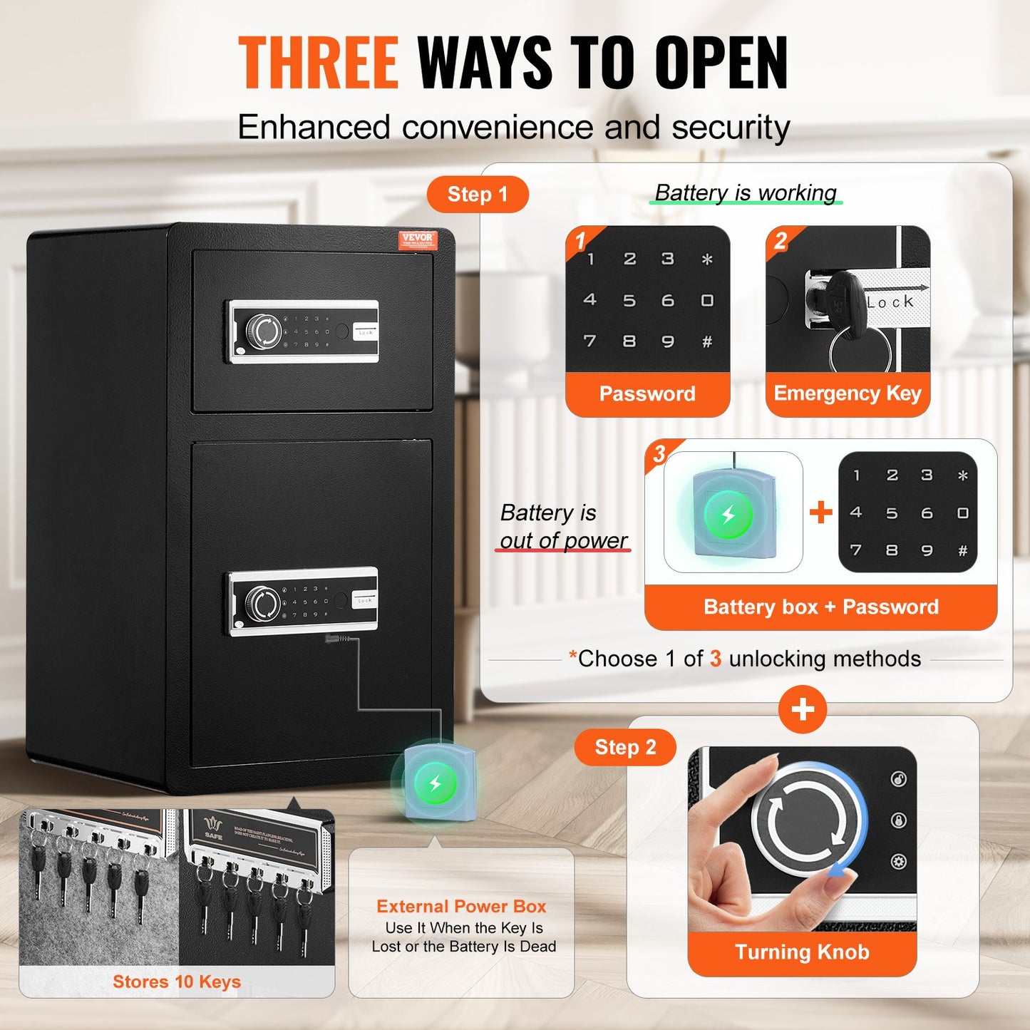 Double Door 4.5 cu.ft Security Box with Key Lock Password Fireproof Case Black