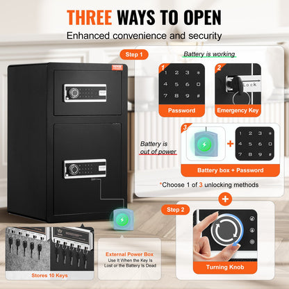 Double Door 4.5 cu.ft Security Box with Key Lock Password Fireproof Case Black