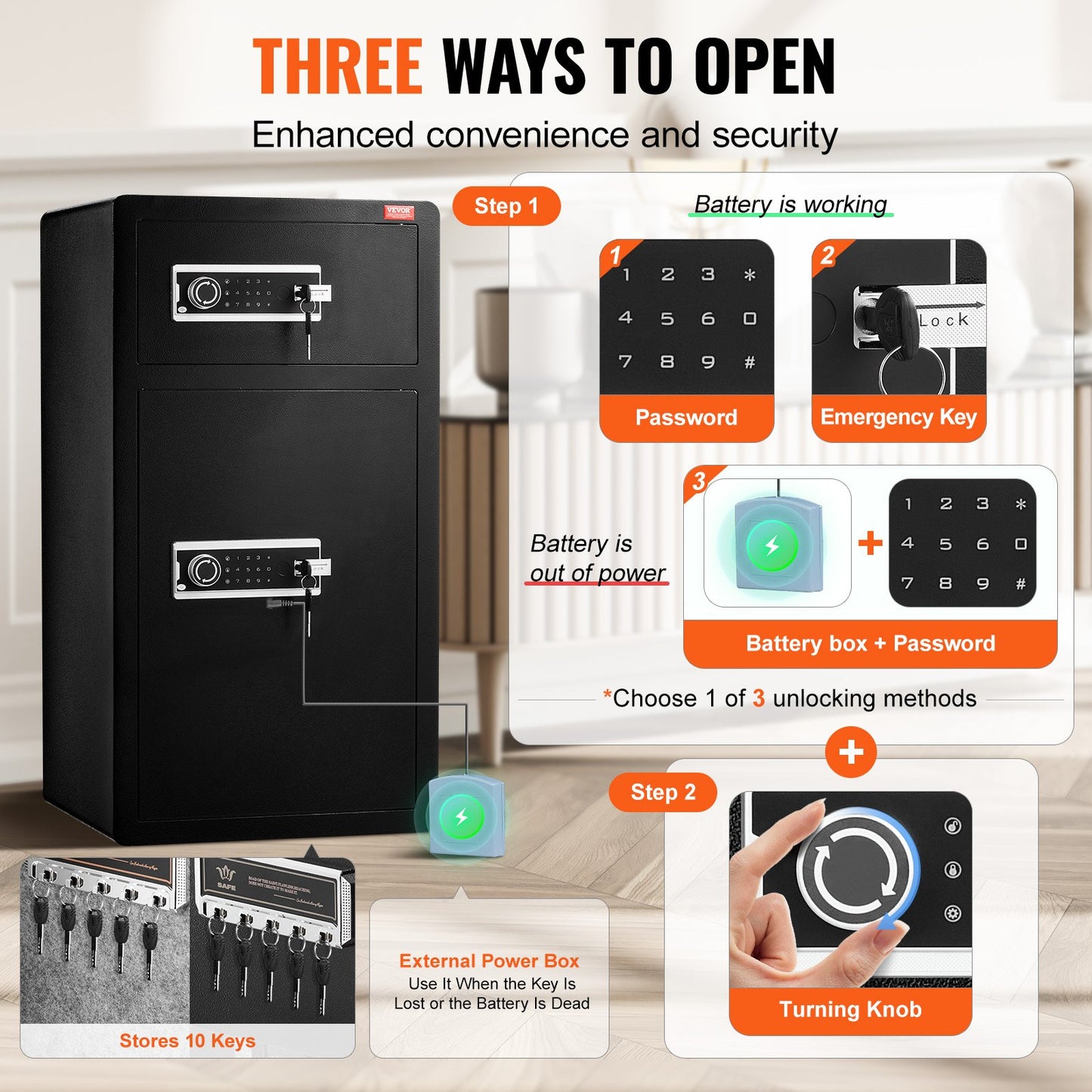 Sicherheitsbox mit Doppeltür, 7,2 Kubikfuß, mit Schlüsselschloss, Passwortschrank, Schwarz