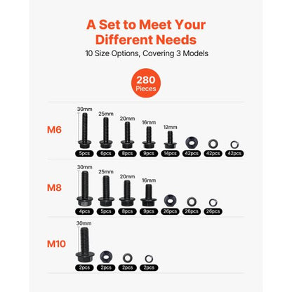 280-teiliges Schrauben- und Muttern-Sortimentskit, metrischer legierter Stahl M6 M8 M10
