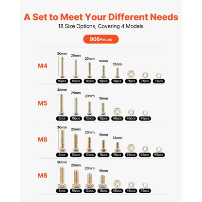 906 pieces bolts and nuts, assortment kit, metric alloy steel M4 M5 M6 M8